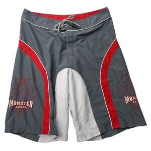 VTG Monster Garage Mens 34 Y2K Gray Red Logo Board Shorts Swim Trunks Suit